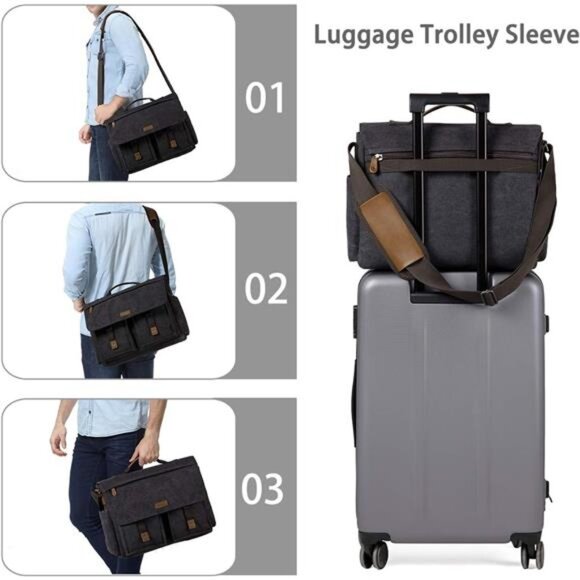 Messenger Bag for Men,Vintage Water Resistant Canvas Satchel 14 15.6 17inch - Picture 6 of 7